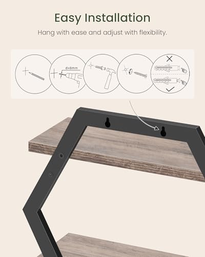 Hexagon Floating Shelves for Wall, Set of 2, 2 -Tier Hanging Shelves, Wall Mounted Storage Shelves, for Living Room, Bedroom, Kitchen, Home Office, Study, Greige TBJ06P2BG - color: Greige + Black