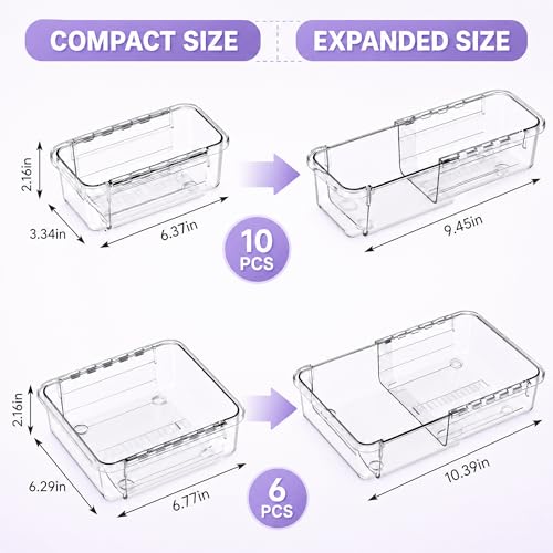 16 Pcs Extendable Clear Drawer Organizer|2-Size Expandable Drawer Dividers | Expanding Plastic Storage Boxes, Arcrylic Storage Bins for Vanity Makeup Drawer Dresser Kitchen Utensils DIY Desk Office - size: 16PCS