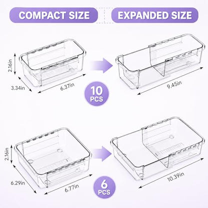 16 Pcs Extendable Clear Drawer Organizer|2-Size Expandable Drawer Dividers | Expanding Plastic Storage Boxes, Arcrylic Storage Bins for Vanity Makeup Drawer Dresser Kitchen Utensils DIY Desk Office - size: 16PCS