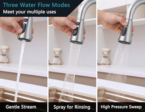 Brushed Nickel Pull Down Kitchen Faucet Head Replacement with 9 Adapters | 3-function spray, stream, spray & high-pressure rinse, 9 adapters, fits most faucets, removable aerator, no tools needed - color: Brushed Nickel