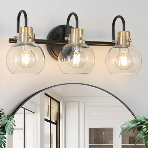3 Lights Bathroom wall Light, Vanity Light Fixture Wall Mount Lamp | Black Gold Wall Sconces with Globe Clear Glass Shade, Farmhouse Wall Mount Lamp for Mirror, Porch, Living Room, Workshop - color: Black Gold