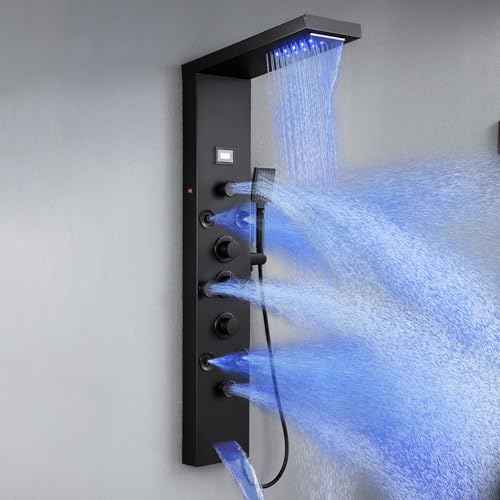 6 In1 LED Shower Panel Tower Rainfall ＆ Waterfall System 8 Body Massage Jet | POPLFY Stainless Steel Wall Mount Shower Column Towers with Temperature Display, Tub Spout, Matt Black - color: 8 Jets-Matt Black