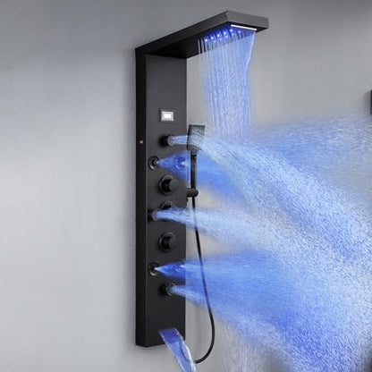 6 In1 LED Shower Panel Tower Rainfall ＆ Waterfall System 8 Body Massage Jet | POPLFY Stainless Steel Wall Mount Shower Column Towers with Temperature Display, Tub Spout, Matt Black - color: 8 Jets-Matt Black