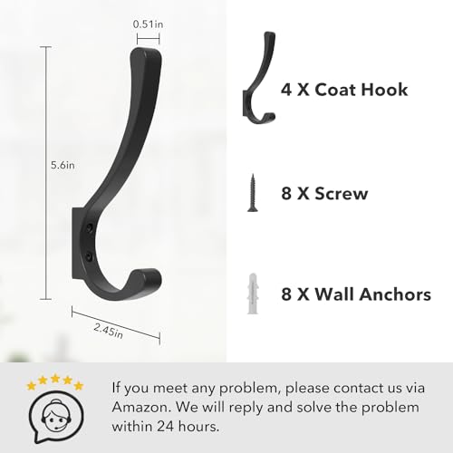 saffruff Wall Mount Coat Hooks, Heavy Duty Metal Hooks for Hanging Clothes, Backpack, Bag,Towel & Jacket, Strong 30 lbs Hold Closet Hanger, Black 4 Pack - size: 4 Pack