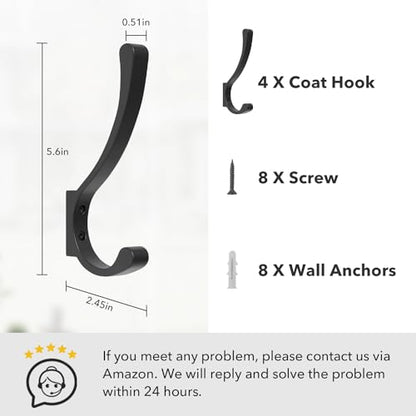 saffruff Wall Mount Coat Hooks, Heavy Duty Metal Hooks for Hanging Clothes, Backpack, Bag,Towel & Jacket, Strong 30 lbs Hold Closet Hanger, Black 4 Pack - size: 4 Pack