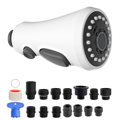 Hibbent Pull Down Spray Head for Kitchen Faucet, NSF/ANSI/CAN 61 & CUPC Certified 3-Function Spray Nozzle, 14 Adapters, Sink Faucet Head Replacement Compatible with Moen, Delta, Kohler, White - color: White, style: 1.8 Gallon Per Minute