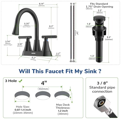 Centerset Bathroom Faucet with Pull Out Sprayer, 4 Inch 2 Handle Sink Faucet with Pop Up Drain, Stainless Steel Vanity Faucet with 2 Supply Hoses, Matte Black - color: Matte Black, size: 4 IN