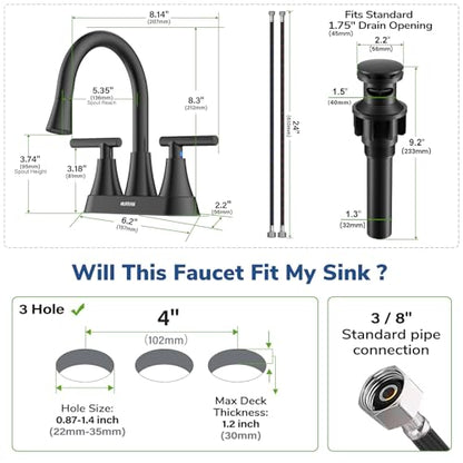 Centerset Bathroom Faucet with Pull Out Sprayer, 4 Inch 2 Handle Sink Faucet with Pop Up Drain, Stainless Steel Vanity Faucet with 2 Supply Hoses, Matte Black - color: Matte Black, size: 4 IN