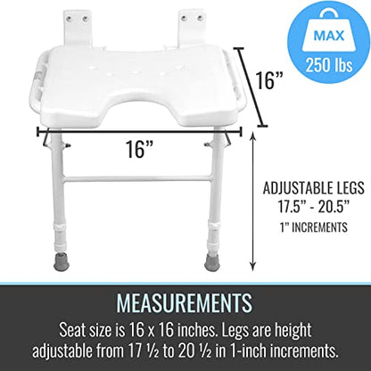 HealthSmart Wall Mount Fold Away Bath Chair Shower Seat Bench with Adjustable Legs, FSA and HSA Eligible, Seat 16 x 16 Inches, White