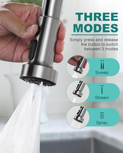 Pull Down Faucet Head Replacement: 3-Function Kitchen Faucet Sprayer Head Replacement with 9 Adapters - Brushed Nickel Sink Faucet Head Compatible with Moen, Delta, American Standard Faucets - color: Brushed Nickel