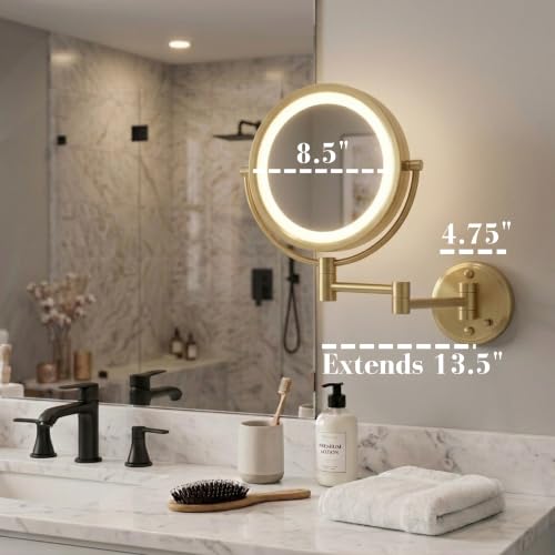 JERDON Hardwired Wall-Mount Makeup Mirror - 8X/1X - Gold - HL88BGLD | 8.5" Round Frame, 13.5" Wall Arm, LED Lighting, Direct Wire Installation - color: Gold Direct Wire