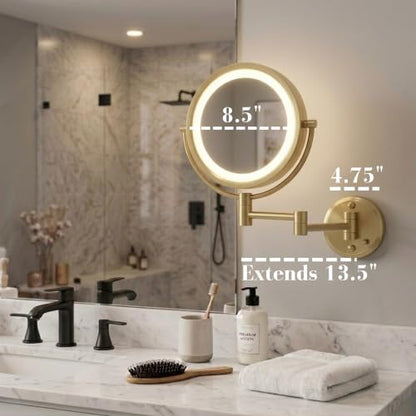 JERDON Hardwired Wall-Mount Makeup Mirror - 8X/1X - Gold - HL88BGLD | 8.5" Round Frame, 13.5" Wall Arm, LED Lighting, Direct Wire Installation - color: Gold Direct Wire