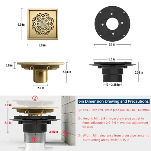6 Inch Shower Drain, Square Shower Floor Drain Kit with Flange and Removable Cover Grate, AISI 304 Stainless Steel, Brushed Gold - color: Brushed Gold, size: 6 inches