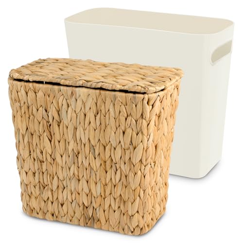 Wicker Trash Can with Lid and Liner, Handwoven Wicker Waste Basket, Water Hyacinth Bathroom Trash Can, Boho Rattan Garbage Wastebasket for Bedroom Home Living Room Office Kitchen, 2.5 Gallon - color: Water Hyacinth