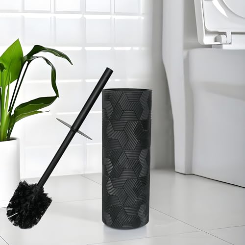 Matte Black Geo Design Resin Toilet Bowl Holder and Brush Set, Stylish Geometric Design with Durable Bristles, Compact and Modern - style: Matte Black Geo