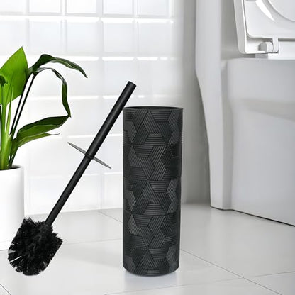 Matte Black Geo Design Resin Toilet Bowl Holder and Brush Set, Stylish Geometric Design with Durable Bristles, Compact and Modern - style: Matte Black Geo