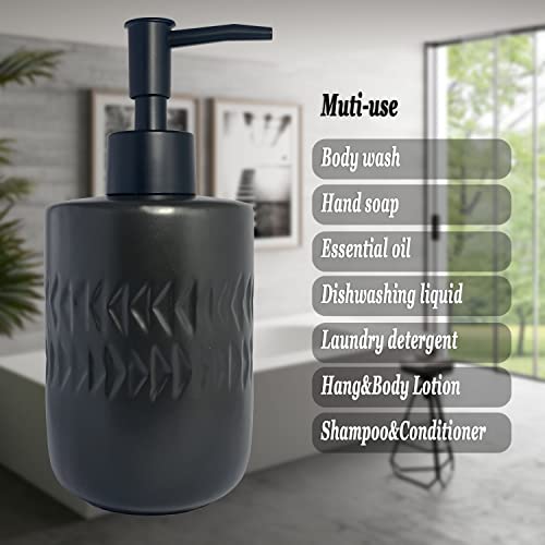 Black Soap Dispenser for Bathroom,Cylindrical Lotion Dispenser,12oz Ceramic Relief Hand Dish Soap Dispenser,Refillable Liquid Dispenser for Kitchen,Matte Black Pump(Relief Black) - color: Relief Black