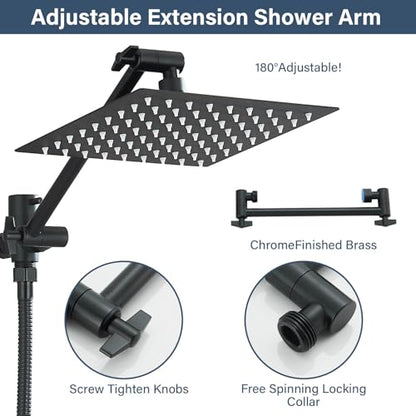 Matte Black Shower Head, High Pressure Rainfall 8 Inch Shower Head/Handheld Showerhead Combo with 10" Extension Arm, Height/Angle Adjustable