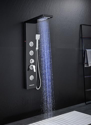 Multi-Function LED Lights Shower Panel System Black, 5 in 1 Shower Panel Include Rainfall & Waterfall Shower Head, 3 Pcs Adjustable Massage Jets, Handheld Shower, Tub Spout - color: Black - 2-in-1 Body Jets