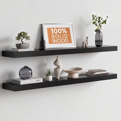 Floating Black Shelf 42 inch, High End Solid Real Wood 42 inches Long Floating Shelves for Wall, Black Wooden 42inch Large Floating Shelves, Heavy Duty Bracket, 42 X 6.5 X 1.75 in, Set of 2 - color: Modern Black - Rich Neutral Satin, size: 42 inch