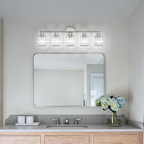 5 Light Bathroom Light Fixtures, Modern Crystal Vanity Lights over Mirror | Metal Frame, Bathroom Light with Square Crystal Shade, ETL Certified, E26 Ceramic Socket, Bulbs Not Included - color: Brushed Nickel, size: 5-Light