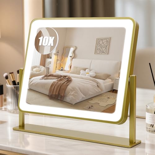 Rechargeable Vanity Mirror with Lights, 3000mAH Battery, 14"×12" LED Makeup Mirror, 10X Magnification, Smart Touch with 3-Color Lighting, 360° Rotation, Lighted Up for Makeup Desk, Bedroom (Gold) - color: Gold, size: 14"L x 12"W