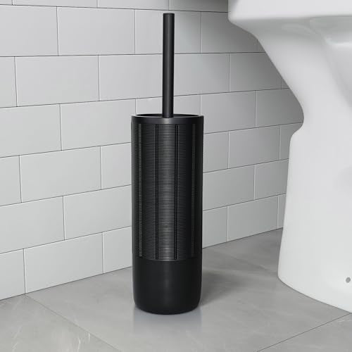 Matte Black Ribbed Design Resin Toilet Bowl Holder and Brush Set, Durable Bathroom Cleaning Tool with Ergonomic Handle and Efficient Bristles, Stylish and Compact Design - style: Ribbed Matte Black