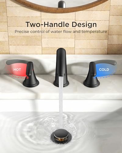 FORIOUS Bathroom Sink Faucet 3 Hole Widespread 8 Inch 2 Handle Matte Black | 3-hole 6-12 Inch Widespread Sink Faucets with Drain and Water Supply Lines, for Vanity Rv Commercial Lavatory Restroom Basin - color: Matte Black, style: Modern
