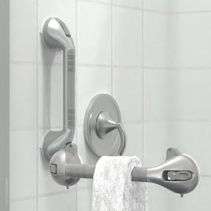 17“ Suction Shower Grab Bar with Indicators, Tool-Free Installation, Steady Handle for Balance Assist for Bathtub, Toilet, Bathroom, Dual Tone, Silver/Gray 2-Pack - size: 17in, Pack of 2
