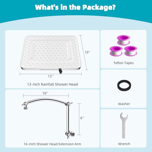 Hibbent Rain Shower Head, 13'' High Pressure Rainfall Square 5 Spray Mode Showerhead with 16" Shower Head Extension Arm, Solid Brass Adjustable Shower Arm Extender, Waterfall fixed Showerheads, Silver - color: Silver, style: Square 13'' with Arm