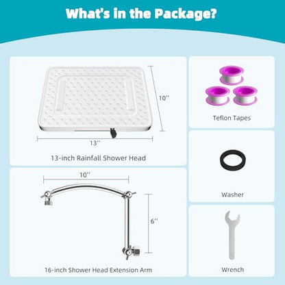 Hibbent Rain Shower Head, 13'' High Pressure Rainfall Square 5 Spray Mode Showerhead with 16" Shower Head Extension Arm, Solid Brass Adjustable Shower Arm Extender, Waterfall fixed Showerheads, Silver - color: Silver, style: Square 13'' with Arm