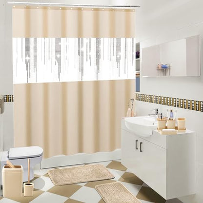 Beige Bathroom Accessories Set with Glitter Shower Curtain and Rugs,Bathroom Sets with Extra Soft and Absorbent Bath Rugs Sequin Shower Curtain Green Bathroom Sets for Bath Decor - size: Bath Set+Shower Curtain+Bath Rugs, style: Beige