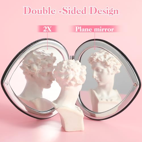 Qianyu Compact Folding Heart Shaped Double-Sided 1X/2X Magnifying Mini Glitter Makeup Mirror with PU Leather for Women Home, Office and Travel (Silver) - color: Silver