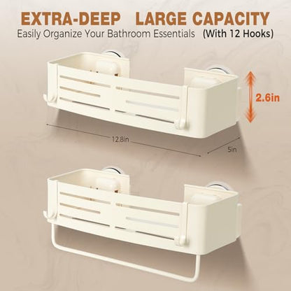 Lekesky Suction Cup Shower Caddy, No Drill Shower Shelves with a Towel Bar, Aluminum Rust Proof Bathroom Shower Organizer with 12 Hooks（2-Pack, Cream） - color: Cream1