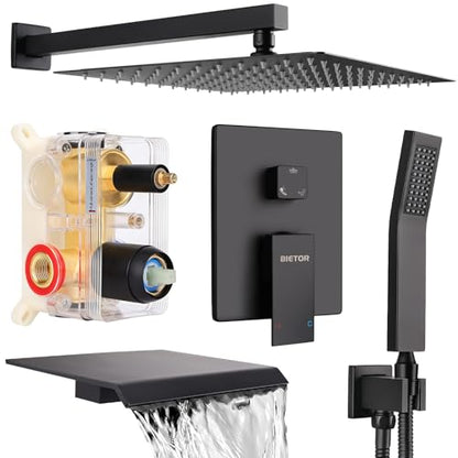 Wall Mounted Shower Faucet Set, Shower System with Tub Spout, 10 Inch Rainfall Shower Head with Handheld Spray, Waterfall Tub Spout Bathtub Faucet, Black - color: Black