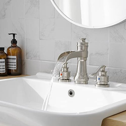 Bathroom Sink Faucet Waterfall 3 Hole or 8 Inch Widespread Tap | Brushed Nickel,Brass,Double Handle,Easy to Clean,Simple Installation,Pop-up Drain,Supply Line,Control of Hot and Cold Water - color: Brushed Nickel