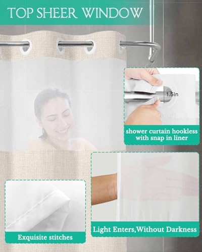 No Hook Shower Curtain and Snap in Liner Set, Grey Beige Ombre Long Bathroom Shower Curtains 72x84 Inch, See Through Mesh Top Window, Minimalist Ocean Waves Linen Hotel Style, Washable Waterproof - size: 72"W x 84"L (Pack of 1)