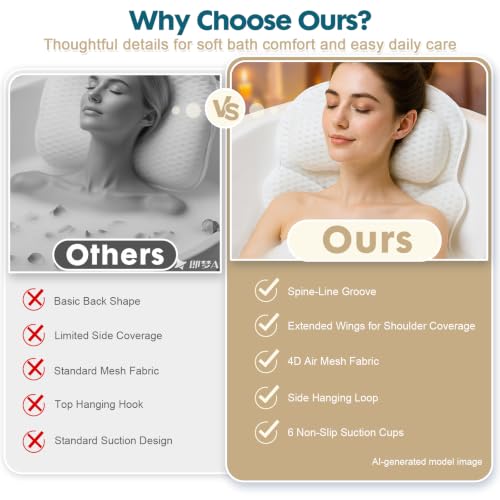Bath Pillows for Tub, Bathtub Pillow for Head & Neck, Spine-Line Groove | Extended Wings | Spine-Line Groove | Extra Thick Headrest | Quick-Dry 4D Air Mesh | 6 Non-Slip Suction Cups | Laundry Bag