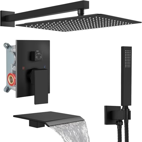 Midanya Shower System with Tub Spout,Bathtub Shower Faucet Set with Square Rainfall Head and Handheld Sprayer Wall Mount Tub Faucet Set with Valve and Trim Kit,16 Inch Matte Black - color: Matte Black, size: 16 Inch