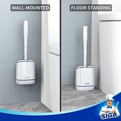 MR.SIGA Toilet Bowl Brush and Holder, Wall Mounted Toilet Brush, White | Automatic lid design, sturdy handle, upgraded ventilation, flat rubber head dries quickly - color: White, size: 4.8"L x 3.1"W x 15.7"H