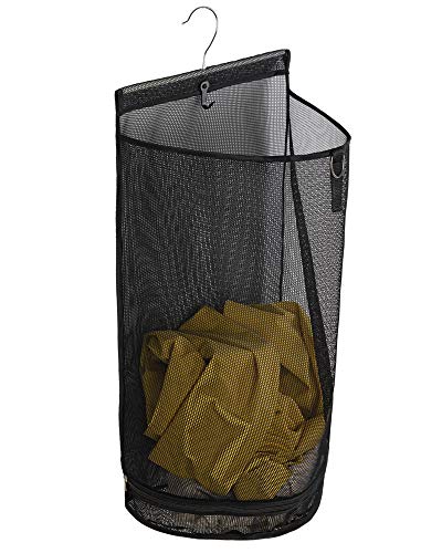 ALYER Hanging Semi Round Storage Mesh Bag,Collapsible Laundry Hamper Basket with Durable Hanger (Black) - color: Black