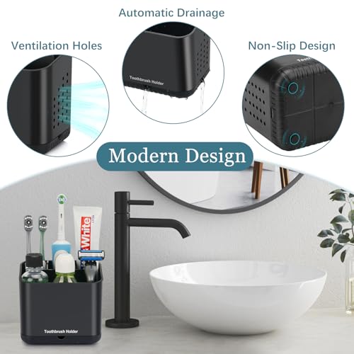 PARKMANI Black Toothbrush Holders for Bathrooms, Kids Electric Toothbrush and Toothpaste Holder, 4 Slots Tooth Brush Holder for Bathroom Countertop Organizer (Black) - color: Black