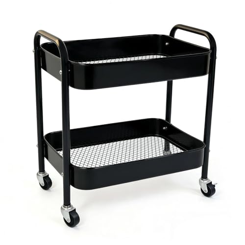 2 Tier Metal Rolling Utility Cart with Wheels Under Desk Storage Cart with Handle, Roll Around Organizer Trolley for Small Space Pantry Bathroom Home Kitchen Office Snack Baby Supplies, Black - color: Black