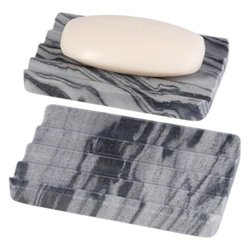 2 Pcs Soap Holder for Bathroom, Marble Soap Dish for Kitchen Countertop, Tray with Creative Wavy Design, Soap Saver for Bath Tub, Sponges, Italian Natural Stone(Monte Grigio) - color: Monte Grigio