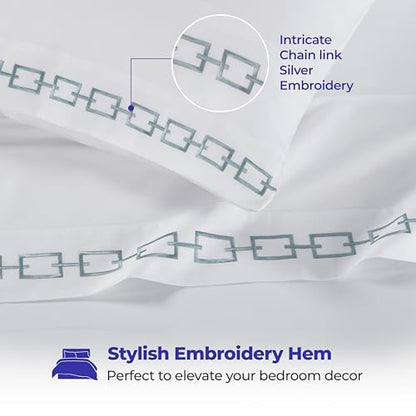 Superior Embroidered Cotton Bed Sheet Set, 1 Elastic Deep Pocket Fitted Sheet, 1 Flat Sheet, 1 Pillowcase, Daily Soft Sheets, Luxury, Unique Design, Chain Links Collection, Twin, White-Silver - color: White-silver, size: Twin