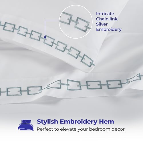 Superior Embroidered Cotton Bed Sheet Set, 1 Elastic Deep Pocket Fitted Sheet, 1 Flat Sheet, 1 Pillowcase, Daily Soft Sheets, Luxury, Unique Design, Chain Links Collection, Twin XL, White-Silver - color: White-silver, size: Twin XL