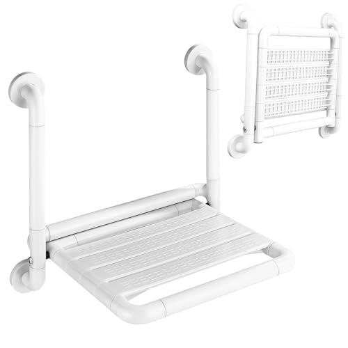 16-Inch Wall Mounted Shower Seats with Armrests, Space-Saving Foldable Shower Bench for Small Bathrooms, Safety Wall-Mounted Foldable Shower Chair with Reflective Strips, Holds up to 330 lbs