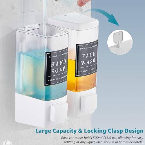 Shampoo and Conditioner Dispenser for Shower, 2 Chamber, White | Clog-Free Pump for Thick Liquids, 16.9oz Large Capacity, No Drill Wall Mounted Compact Design for Small Bathroom - color: Dm25-white