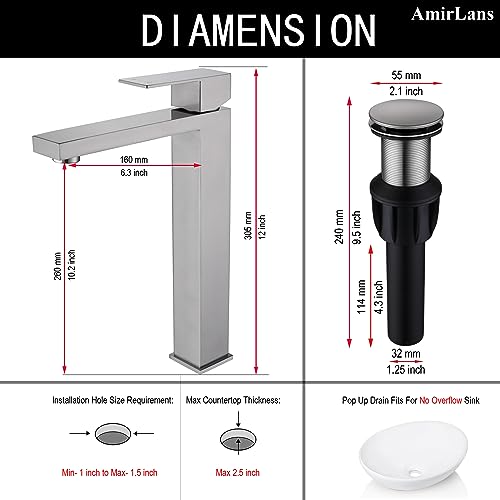Brushed Nickel Vessel Sink Faucet, Tall Bathroom Faucet 1 Hole | Stainless Steel Single Hole Bathroom Sink Faucet, Tall Vanity Faucet with Pop Up Drain - color: Brushed Nickel, size: Tall