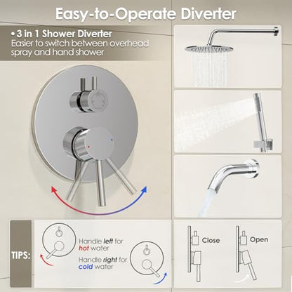 Gabrylly Shower System, 10" Bathtub Shower Faucets Set, Chrome | All Metal Rain Shower Head with Handheld Spray Combo and Tub Spout, Luxury Bathroom Rainfall Shower Head Set With Valve - color: Chrome